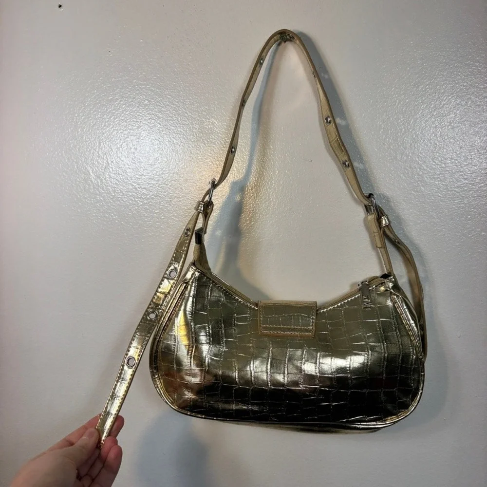 Vintage Shoulder Bag Women Sz S Gold Metallic Croc Embossed Y2K Aesthetic